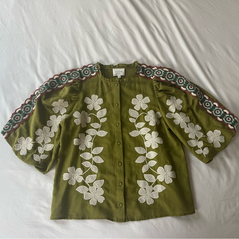 Sezane Olive Green Floral Blouse